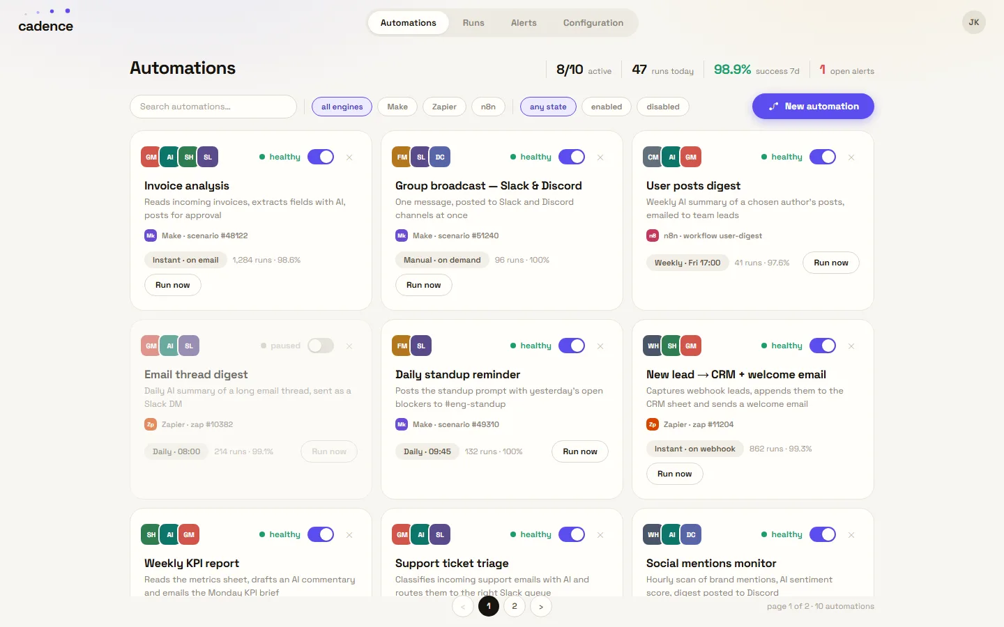 Panel platformy automatyzacji Cadence — lista przepływów